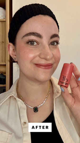 A selfie of Allure senior commerce editor Sarah Felbin after applying the e.l.f. Cosmetics Monochromatic Multi Stick