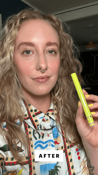 A selfie of Allure former content director Kara McGrath after applying the Half Magic Sparklestik Eye Crayon in Beige...